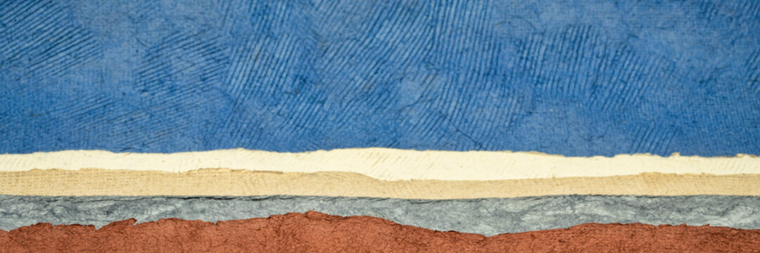 abstract landscape in blue and earth tones - a collection of Huun and Amate papers handmade in Mexico, panoramic web banner