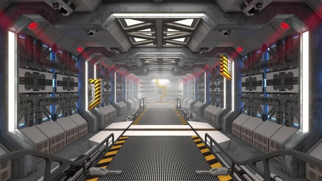 Foggy corridor loop in a spaceship or a space station, with opening airlocks, for science fiction, fantasy, and interstellar space travel videos.