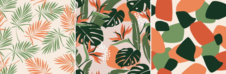 Modern artistic bright collage with tropical leaves, simple shapes, and strelitzia flowers. A set of seamless patterns. Contemporary exotic design for paper, cover, fabric, wallpaper, interior. Vector - obrazy, fototapety, plakaty
