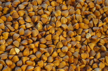 Buckwheat groats - a natural vegetarian food. Buckwheat grains seen in close-up. Organic background under the text. Home kitchen resources.