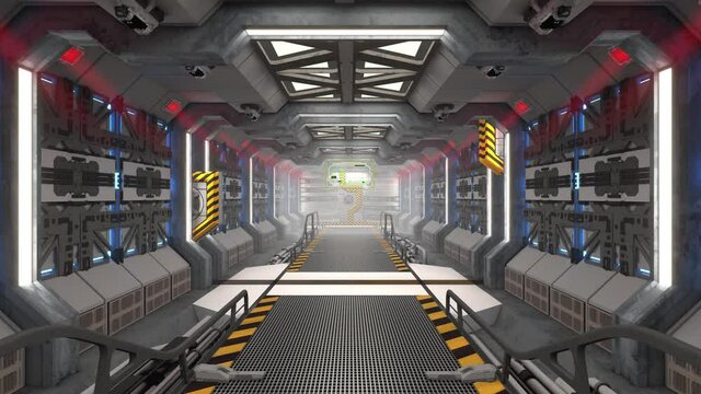 Spaceship or space station corridor loop with HUD displays and airlocks opening, for science fiction, fantasy, and space travel videos.