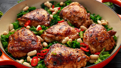 One-pot braised chicken thighs with kale and cannellini beans served with chili peppers