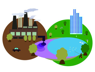 An environmental disaster from industry for humanity and nature. The plant discharges waste into a lake near the city and forest. Ecological problems, cataclysms. Illustration vector.