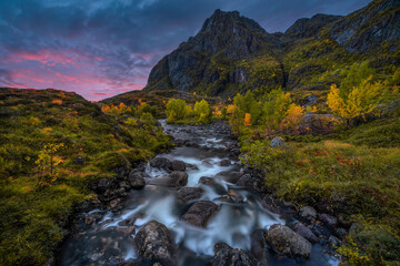 Naklejka na ściany i meble Beautiful waterfalls in Autumn Colors located in Lofoten, Norway
