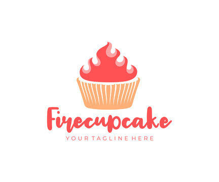 Cupcake with fire, sweet food, muffin and confectionery, logo design. Confection, pastry, sweet-shop and pastry-shop, vector design and illustration