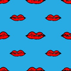 Seamless patterns. Lips isolated on a blue background. Vector illustration.