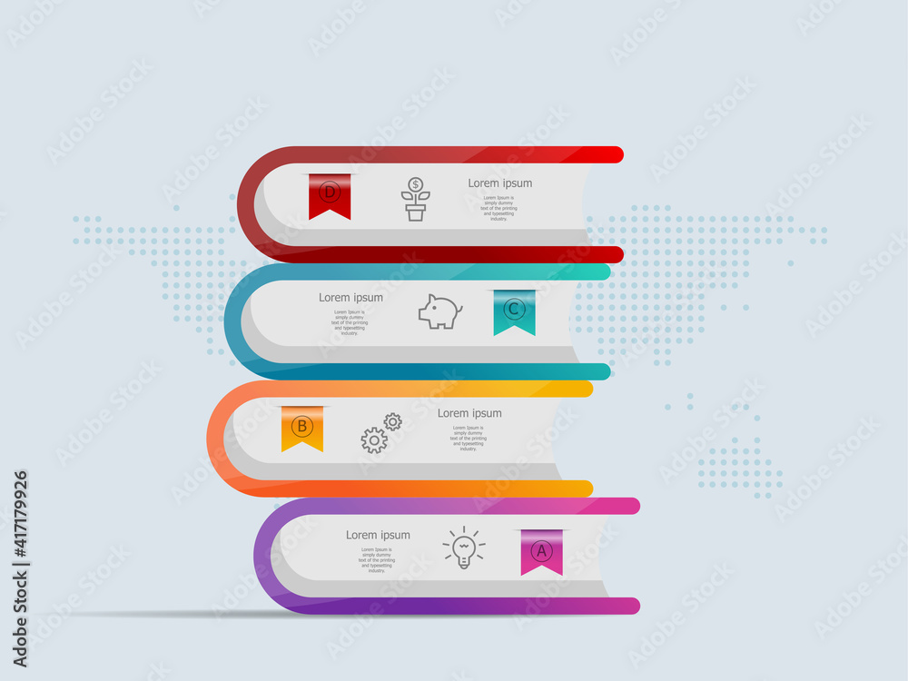 Wall mural stack of books infographics template 4 steps with world map for business and presentation