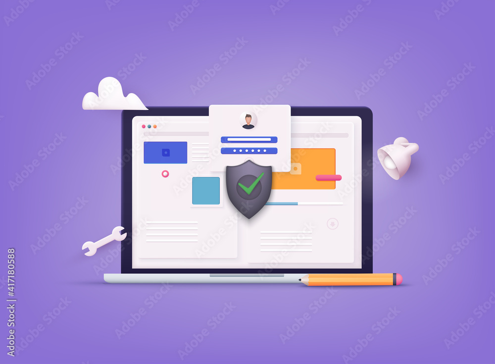 Poster online file server protection system concept with computer and lock. 3d web vector illustrations.
