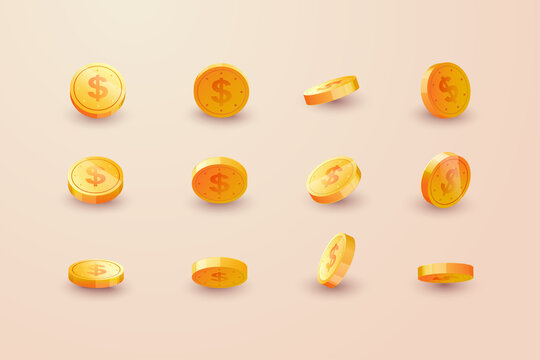 Gold coins set isolated in different positions. Balance profit, income statement and cash flow statement. 3d.
