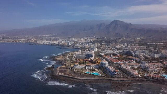 Aerial panorama of Los Cristianos resorts and Playa del Camison beach, Tenerife, Canary islands, Spain.