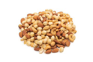 Mix of nuts isolated on white background. Top view.
