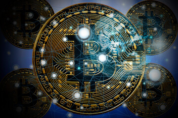 Double exposure global business currency by dollar and crypto bitcoin on network connection concept.Element of this image furnished by NASA.