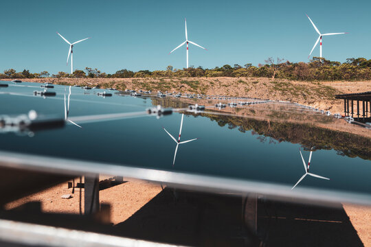 Solar panels under a beautiful blue sky reflecting windmills of an eolic windfarm. Renewable energy generation for environmental conservation concept. 