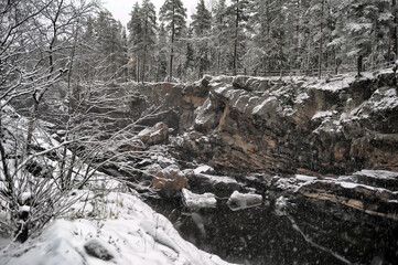 River canyon cliffs and pine trees in winter