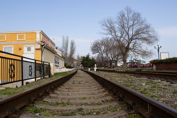 Fototapeta na wymiar View of the railway tracks and sleepers.