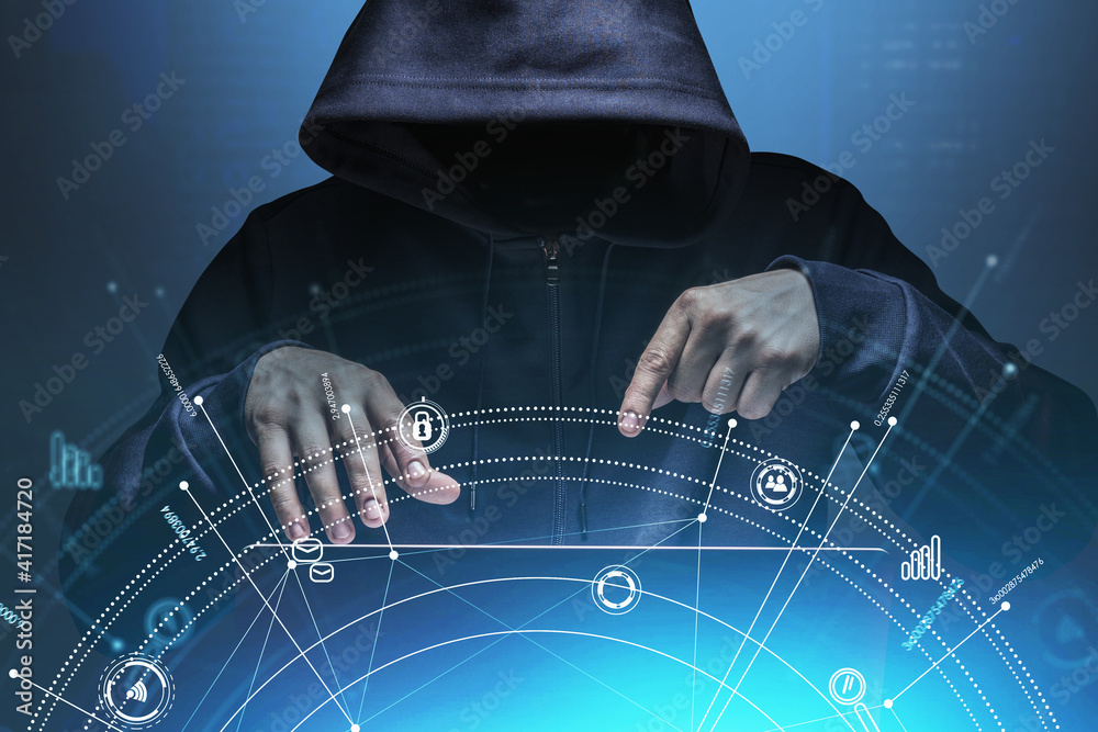 Poster hacker in hoodie and web interface double exposure
