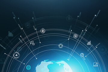 Earth globe with hologram, global network double exposure