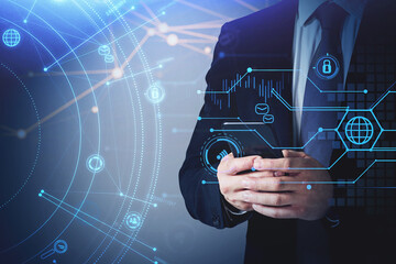 Businessman with phone, double exposure globe network hologram