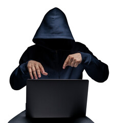 Anonymous computer hacker in hood and laptop isolated over white background. Dark face. Data thief,...