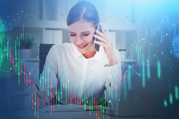 Businesswoman with phone, double exposure of graph changing