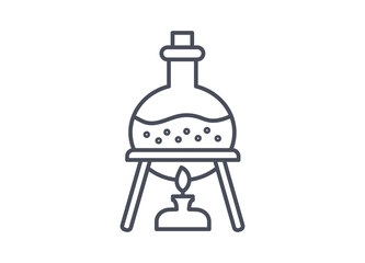 Chemistry laboratory equipment with bunsen burner and round-bottomed or bulb flask being heated and brought to the boil, line drawn black and white vector icon