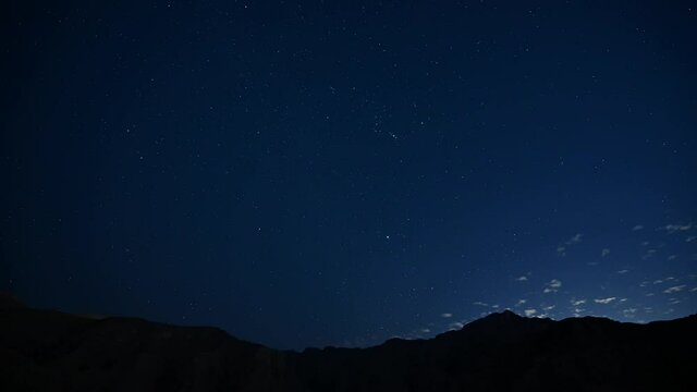 Time-lapse of Star trails in the night-blue sky over mountains of Ras Al Khaima, United Arab Emirates. 4k 
