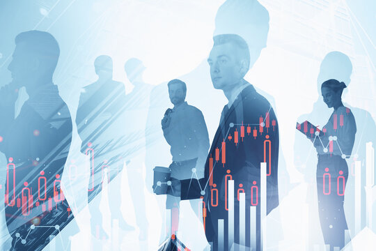 Silhouettes of diverse business people with devices, double exposure with graphs