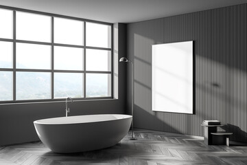 Fototapeta na wymiar Corner Interior of modern bathroom with grey wooden parquet and wall, comfortable white bathtub. Poster on wall mockups.