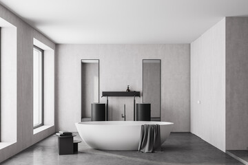 Fototapeta na wymiar Modern bathroom interior with white bathtub and two marble sinks with rectangle vertical mirrors, in eco minimalist style with concrete floor and walls. Panoramic window. No people. 3D Rendering