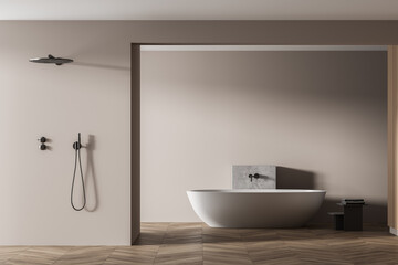 Fototapeta na wymiar Wooden bathroom with white bathtub and shower on parquet