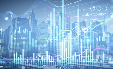 Financial charts over New York panoramic city view. The concept of international business and consulting. Double Exposure.