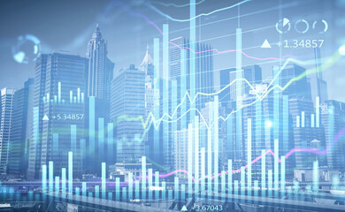 Plakat Financial charts over New York panoramic city view. The concept of international business and consulting. Double Exposure.