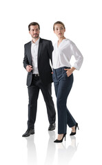 Woman and man in office suit, isolated over white background