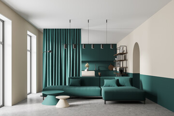 White and ocean green modern kitchen living room interior. Dining area with table. Concrete floor. Panoramic window.