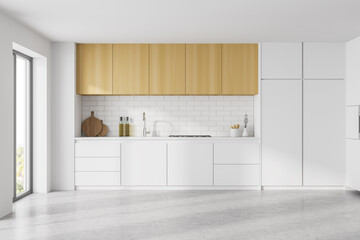 White wooden kitchen set with shelves and appliances, marble floor