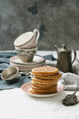 Classic American breakfast pancakes with various toppings