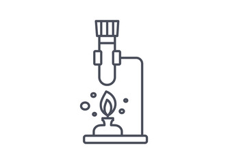 Retort stand with the flame of a small bunsen burner heating a test tube during a chemical experiment or test in laboratory, line drawn black and white vector illustration isolated on white background