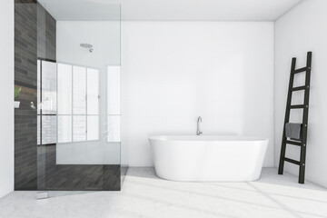 Fototapeta na wymiar Light bathroom with bathtub and glass shower