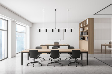 Poster on office wall mock up interior. Conference table. City view, panoramic window.