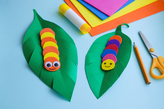 Early learning ideas. Caterpillar from paper or eva. Spring Craft from paper. DIY concept. Easy handmade paper crafts