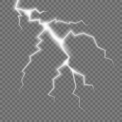 Realistic electric lightning, abstract thunderstorm. Lightning shock isolated on transparent background. Vector illustration.