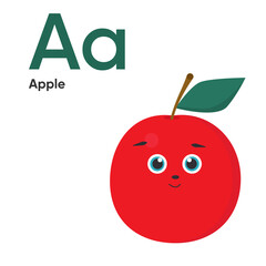 Cute Vegetables anf Fruit Alphabet Series A-Z. Vector ABC. Letter Aa. Apple. Cartoon fruits and vegetables alphabet for kids. Isolated vector icons Education, baby showerchildren prints, decor, cards