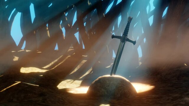 Fantasy scene of a sword in a forest  full of rays of light and magical atmosphere. 3D Rendering