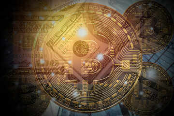 Double exposure bitcoin on city and network connection for future business currency concept.