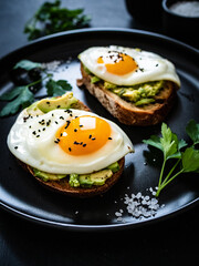 Continental breakfast - sunny side up eggs on toasted bread with avocado on black background
