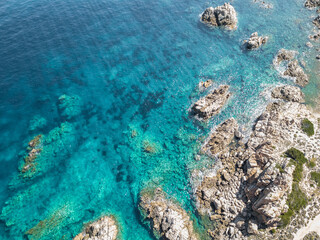 Naklejka na ściany i meble Sardinian coast and sea, aerial view