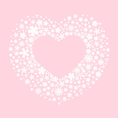 Greeting card with white flower heart frame for text. Pastel pink tender color.