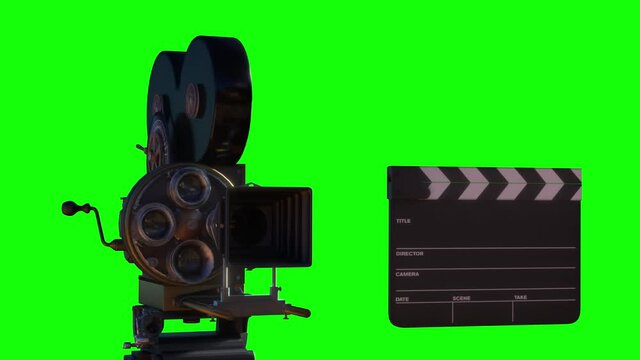 video camera and cinema items, movie or television green background looping render 3d