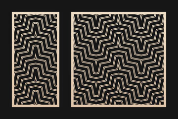 Laser cut patterns set. Vector template with abstract geometric ornament, zigzag lines, chevron, grid. Decorative stencil for laser cutting of wooden panel, metal, plastic. Aspect ratio 1:2, 1:1