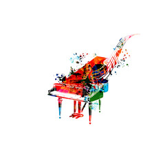 Music promotional poster with multicolored piano and musical notes isolated vector illustration. Colorful musical background with piano for live concert events, music festivals and shows, party flyer © abstract